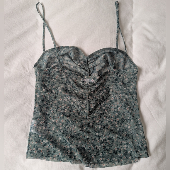 Reformation Kynlee Knit Mesh Top, Ruched, Green Floral - Picture 3 of 5